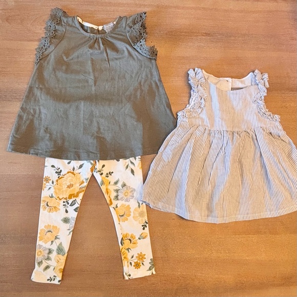 Tahari Other - Tahari Baby Olive Green Dress Floral Leggings + Striped Dress Gray White, 18m